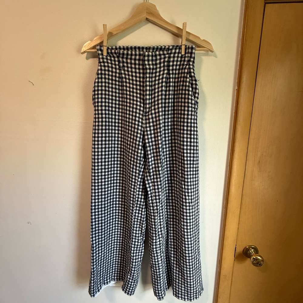 Abercrombie Navy & White Gingham Wide-Leg Pants - Linen Blend